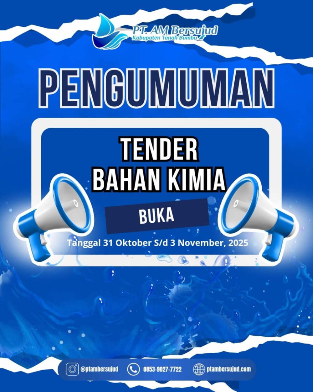 PT Air Minum Bersujud Umumkan Tender Pengadaan Kimia Tahun Anggaran 2026  Batulicin, 30 Oktober 2025