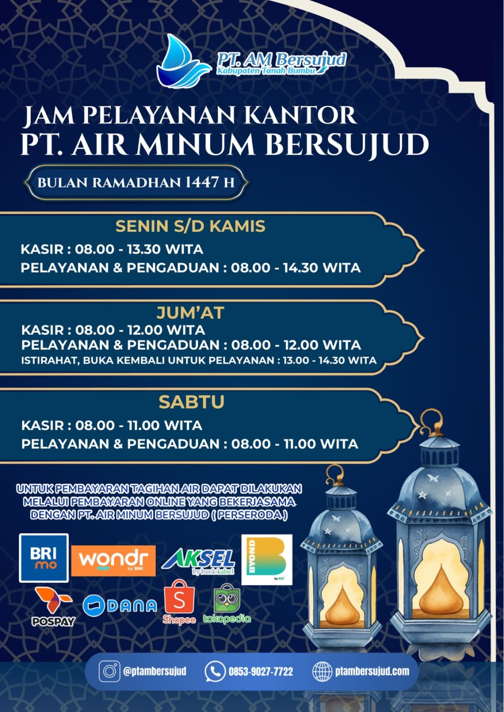 Jam Pelayanan PT. Air Minum Bersujud Selama Bulan Ramadhan 1447 H